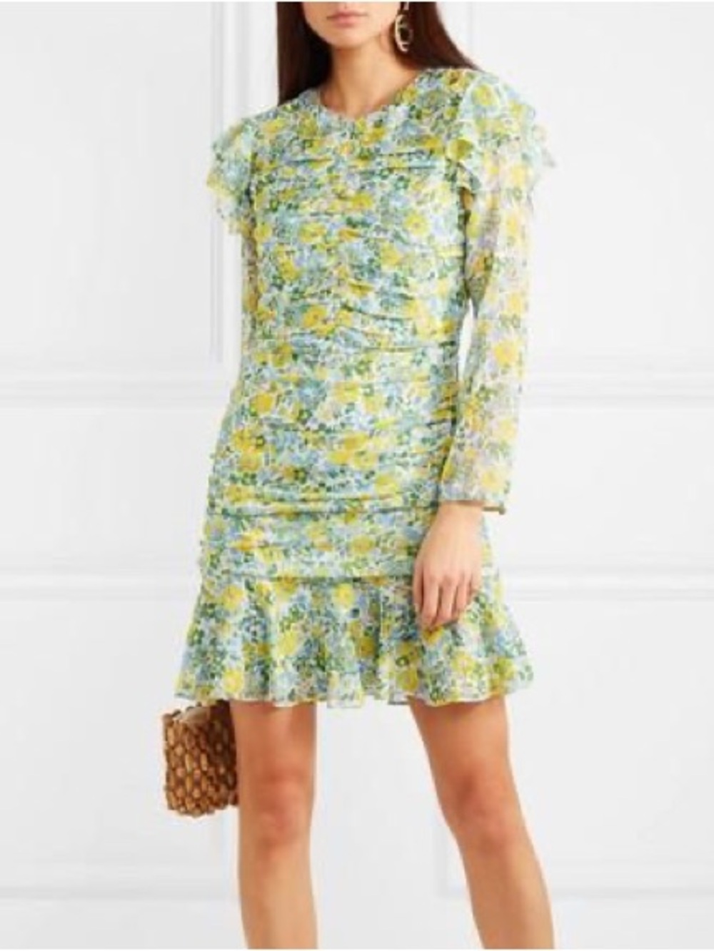 Veronica Beard Ruched Floral Print Silk Chiffon Mini Long Sleeve Dress